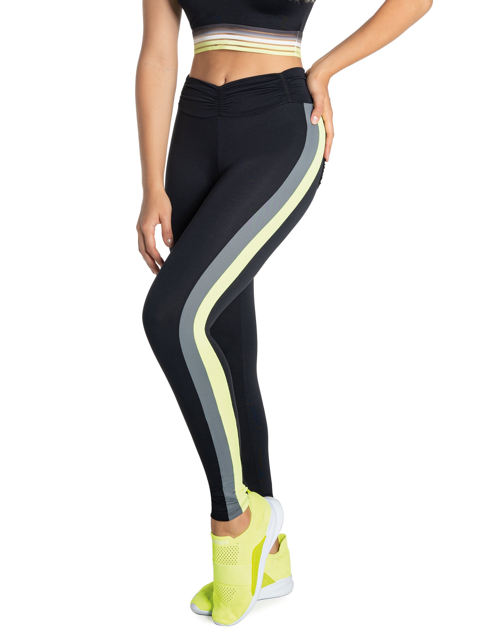 Legging Fusô Empina Bumbum Fact Preto Com Amarelo Neon - vestem